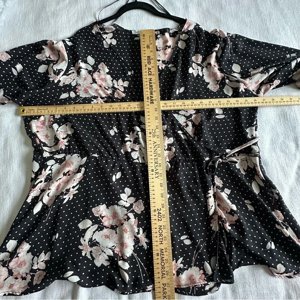 Rose + Olive Blouse Womens 3X Black Floral Polka Dot Wrap VNeck Long Sleeve Boho